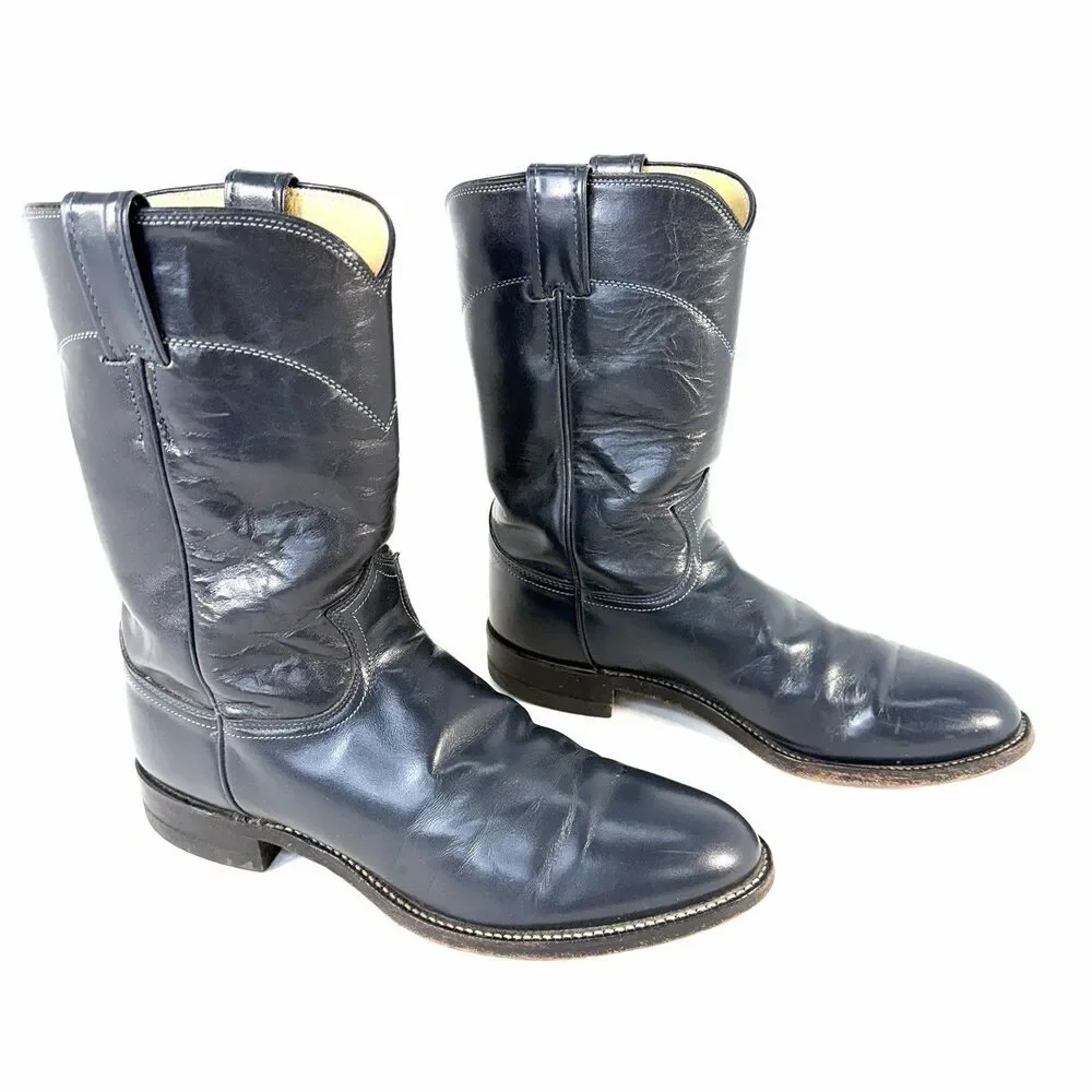 Vintage Justin Roper Men’s 8.5D Cowboy Western Boots Dark Blue Gray Leather 3024